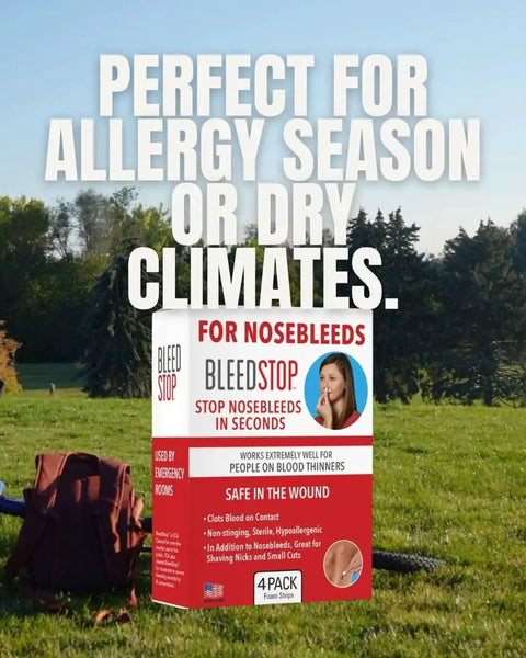 Fast Acting Nosebleed Strips With Blood Coagulant Foam Inserts That Clot Blood On Contact For Rapid Hemostasis product box outdoors
