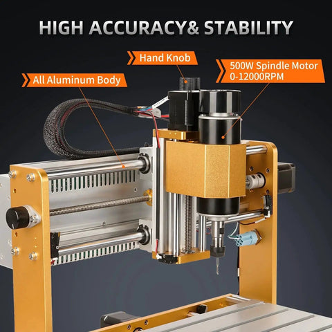 Close-up of Boss 500W All Metal CNC Router Machine with 3 Axis GRBL Offline Control and Emergency Stop, showing spindle and controls.