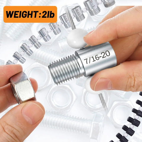 Nut And Bolt Thread Checker High Speed Steel Gauge For Standard And Metric Complete SAE Male Female Gauge With Precise Measurements For Shop Pros Mechanics Builders And Engineers Stalye, measuring threaded rod with nut in hand.