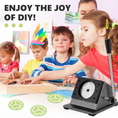 Children exploring DIY crafts beside 1 Inch Button Cutter Circle Punch For Scrap Paper Cardboard Films And Diy Projects Heavy Duty Graphic Die Cutter With 1.377 Inch Circle Punch Pro Grade Steel Blade For Precise Button Making.