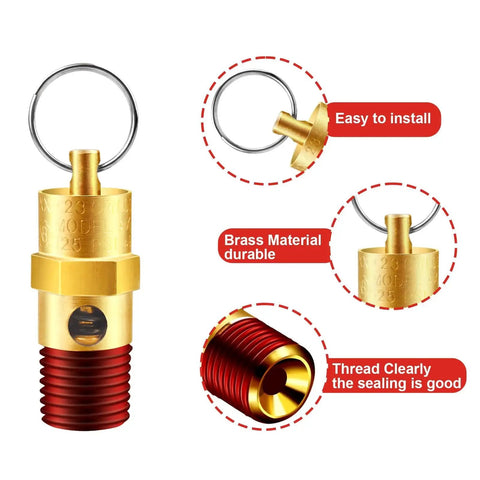 Two Pack Brass Pressure Relief Valves For Air Compressors One Quarter Inch NPT 200 PSI Safety And Check Valve Set