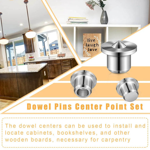 DIY Friendly 32 Piece Dowel Pin Center Point Kit For Woodworking Solid And Hollow Dowel Centers shown in a kitchen setting.