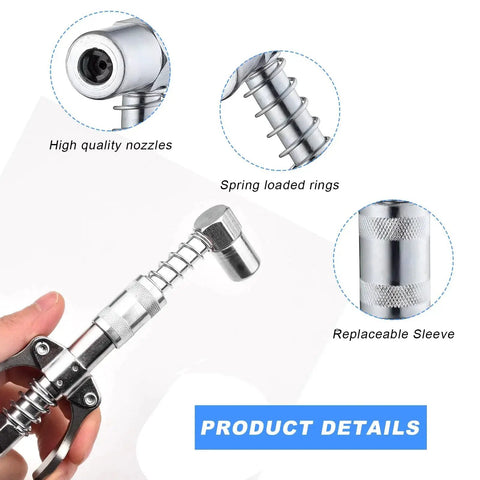 Close-up of 90 Degree Grease Coupler Adapter For Tight Spaces With Heavy Duty Steel Construction And Sleeves Grease Gun Lubrication Tool