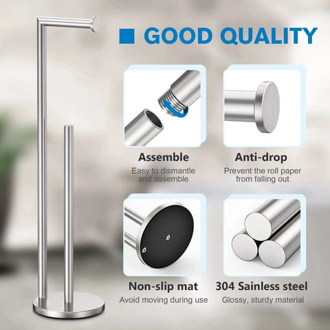 Brushed Nickel Free Standing Toilet Paper Holder Stand With Space For One In Use Roll And Three Spare Rolls, easy assembly features