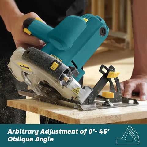 Powerful 7-1/4 Inch Circular Saw With A 10A Pure Copper Motor And Laser Guide Delivers 5800 RPM Includes Two Blades 40T And 24T Adjustable Cutting Angle From 0 To 90 Degrees One Handed Bevel Design Blue in action on wood