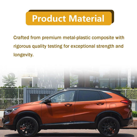 Side view of a red SUV showcasing material quality with text 'Product Material' and details on strength and longevity.