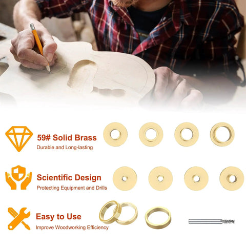 Premium 13 Piece Brass Router Template Bushing Set With Centering Cone showing solid brass bushings, design features, and woodworking use.