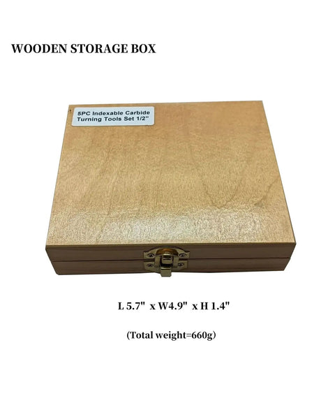 Wooden box containing Five Piece Half Inch Shank Turning Tool Holder Set With TCMT16T304 And TCMT32 51 Indexable Carbide Inserts.