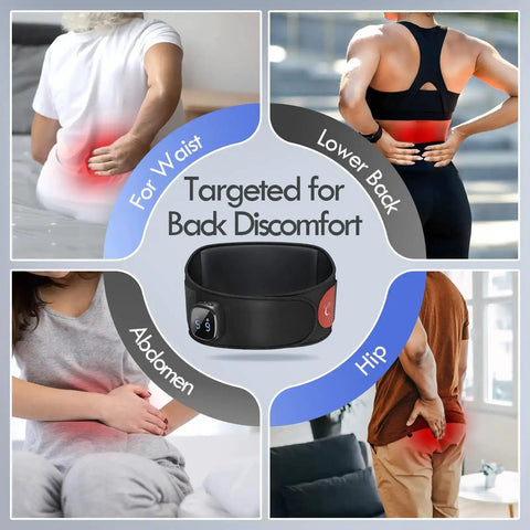 Cordless Heating Pad With Massager For Lower Back Pain Relief showcasing its usage for back discomfort and pain relief.