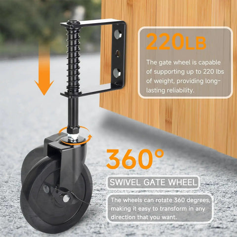 Spring Loaded Gate Wheel With 360 Degree Swivel For Heavy Gates Outdoor Gate Caster Kit with 220 lb capacity attached to wooden gate