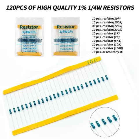 120PCS of high quality 1% 1/4W resistors with 10 different resistance values in a strip, suitable for DIY electronics projects.