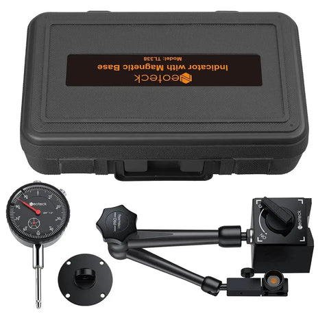 Pro Grade 0-1 Inch And 0.001 Inch Dial Indicator Kit With Magnetic Base And Case, Precision Gauge, shown with black case