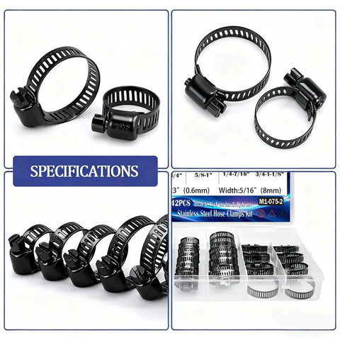 42 Piece Black Stainless Steel Hose Clamps Kit For DIY Auto Repairs With Metal Adjustable Worm Gear Clamps 6 To 29 Mm specifications view