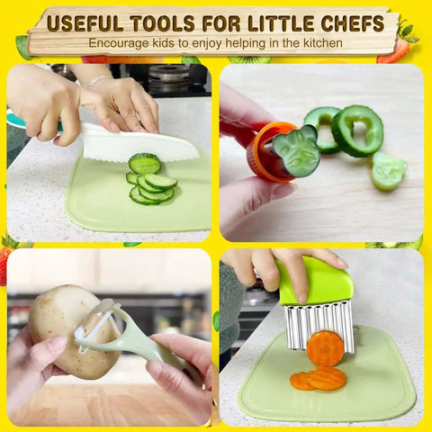 Kids Kitchen Knife Set Nine Pieces For Real Cooking With Cutting Board Y Peeler Crinkle Cutter Sandwich Cutter And Serrated Plastic Toddler Knives Safe For Little Chefs used by children
