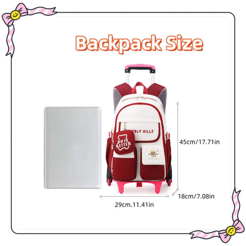 Color Blocking Rolling Backpack For Girls With Wheels Kawaii Trolley Bag For Primary Students Large Capacity School Backpack Size