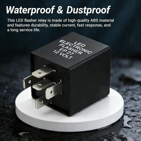 5 Pin LED Turn Signal Flasher Relay for Hyper Flash Fix EP27N, close-up view, wet surface, showing plug dimensions and waterproof feature