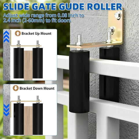 Six Inch Sliding Gate Roller With Adjustable L Bracket shown in installed position on a metal fence with bracket mount options.