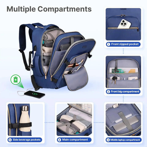 On The Go Rolling Backpack For Women With 17 Inch Laptop Compartment And Smooth Wheels showing multiple compartments, dark blue.