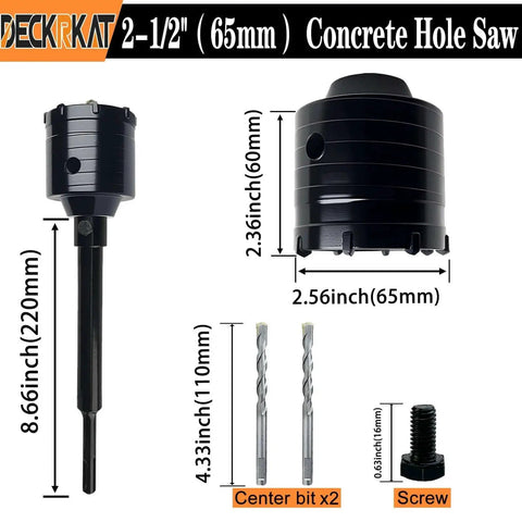 Two And A Half Inch Concrete Hole Saw Kit With SDS Plus Shank Includes Two Center Bits For Concrete Brick And Stone Electroplated Black Quenching Tech Heavy Duty Thickened Alloy Teeth For Faster Cuts And Longer Life Perfect For Pros And DIY Enthusiasts, showing dimensions and components.
