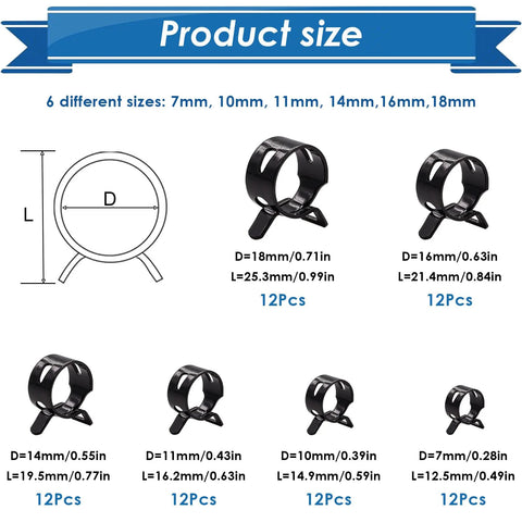 Eoppen 72-piece black hose clamp kit with 6 sizes (7, 10, 11, 14, 16, 18 mm) for automotive fuel lines and vacuum hoses.
