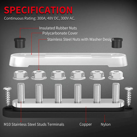 Beefy 300 Amp Bus Bar Terminal Block With Cover For Marine And Automotive Power Distribution, 12V System, Six M10 Terminal Studs