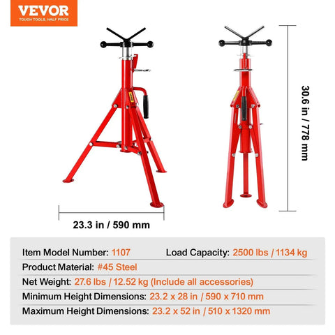 Heavy Duty Pipe Jack Stand With Adjustable Height And Folding Portable 2500 Lb, red steel construction, front view with dimensions