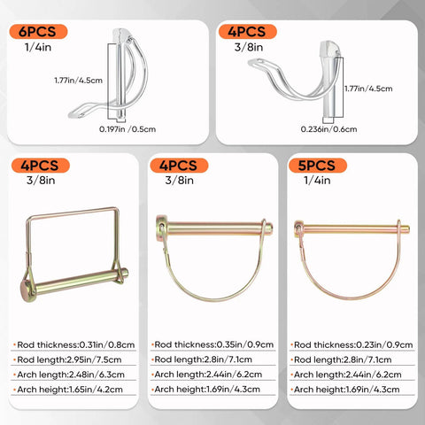 Rugged Hitch Pin And Trailer Pin Assortment Kit For Trailers Tractors Trucks Tow Jobs And Farm Equipment With Cotter Pins Lynch Pins Straight Pins Square Pins Arch Pins And Tube Pins For Heavy Duty Use displayed with sizes and dimensions.