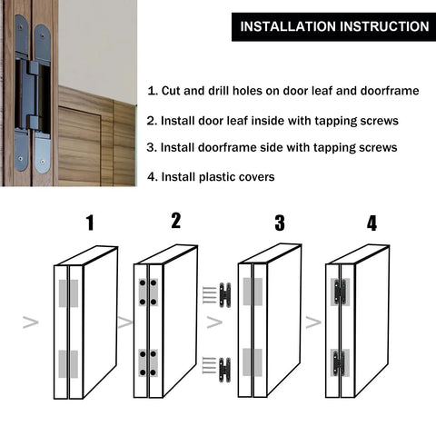 Installation steps for Two Pack 6 Inch Hidden Door Hinges Zinc Alloy Heavy Duty Concealed Hinge 180 Degree Swing 3 Way Adjustable Butt Hinge Black