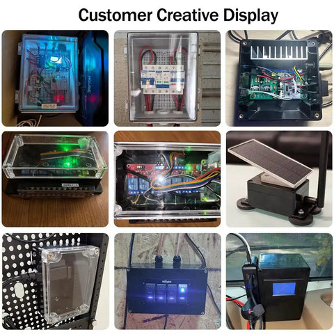Collage of DIY outdoor electronics using IP67 Waterproof ABS Black Junction Box Enclosure with Clear Cover, various project setups