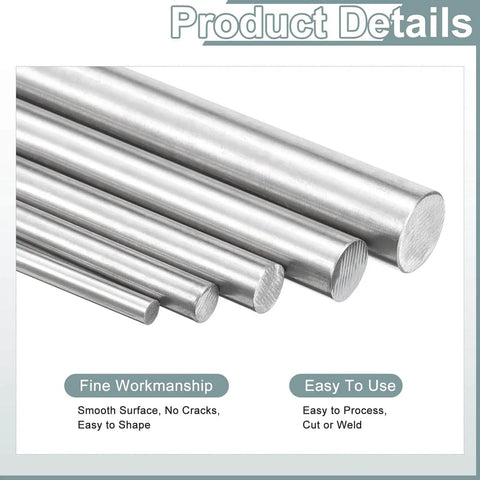 304 Stainless Steel Rods From Uxcell 15mm Diameter 305mm Length Solid Round Lathe Bar Stock For Model Planes Cars Ships DIY Crafts Metalworking Durable 304 Stainless Steel Rod in a set showing various diameters.
