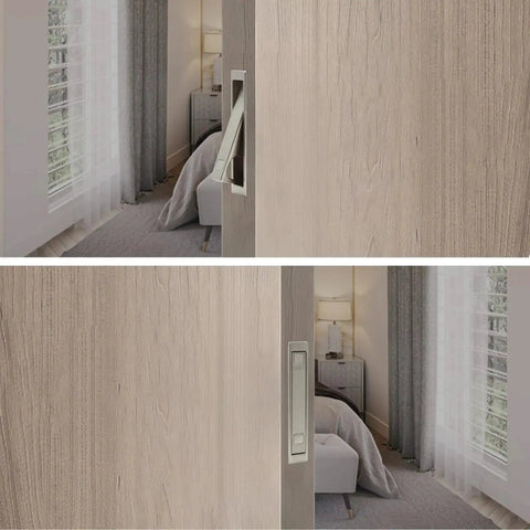 Pocket Door Pull Handle For Flush Mount Sliding Doors In Brushed Nickel Finish, low profile, installed on wood door, bedroom view.