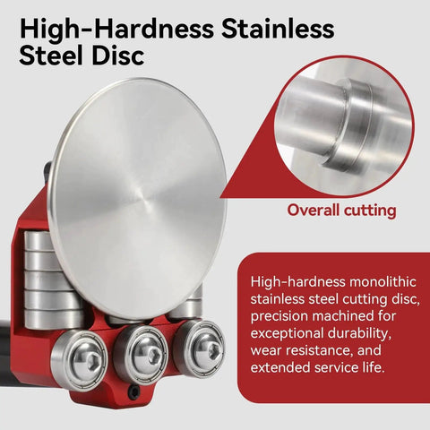 Close-up of a high-hardness stainless steel disc on a sheet metal bender, showing rotary handle and adjustable rollers.