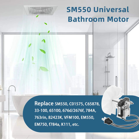 Bathroom Exhaust Fan Motor Replacement Compatible with Nu-Tone Br-oan Electric Fan Motors showing 120V motor and bathroom installation.