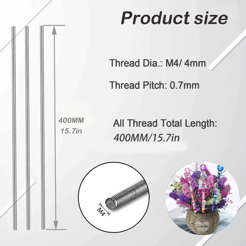12 Inch 304 Stainless Steel Threaded Rods With Hex Nuts For Garden Stakes 24 Pcs, close-up of rods and plant support use.