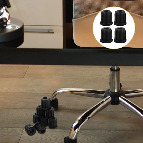20 Piece Set of Durable Round Plastic Chair Wheel Sockets and Caster Inserts shown near office chair base