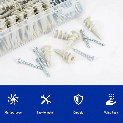260 Pcs Self Drilling Drywall Anchors Set With Nylon Plastic Wall Anchors And Screws For Drywall No Pre Drill Hole Preparation Required Three Sizes 10x35mm 13x42mm And 15x32mm Durable Zinc Steel Screws For Indoor Or Outdoor Use. Shown in open box with some screws and anchors on a white surface.