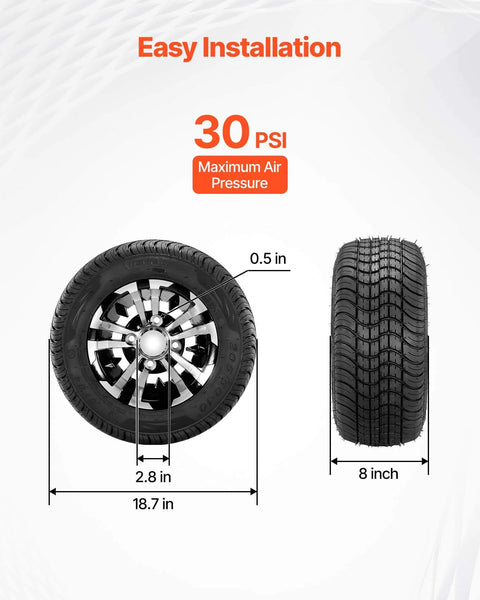 Four 205/50-10 Golf Cart Wheels And Tires Set With 10 Inch Aluminum Alloy Rims, side and front view, black finish