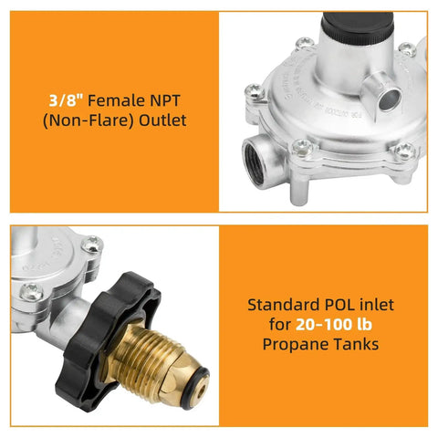 Two Stage Propane Regulator With Soft Nose POL Connection For Twenty To Hundred Pound Tanks 3 Eighth Inch NPT Fitting