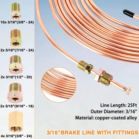 3/16 Inch Brake Line Repair Kit Flaring Tool Cutter Bender 25ft Coated Line with fittings and copper-coated tubing