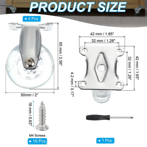 2 Inch Fixed Caster Wheel Set 4 Pcs Clear PU Rigid Non Swivel Furniture Wheels With 16 M4 Screws And Screwdriver