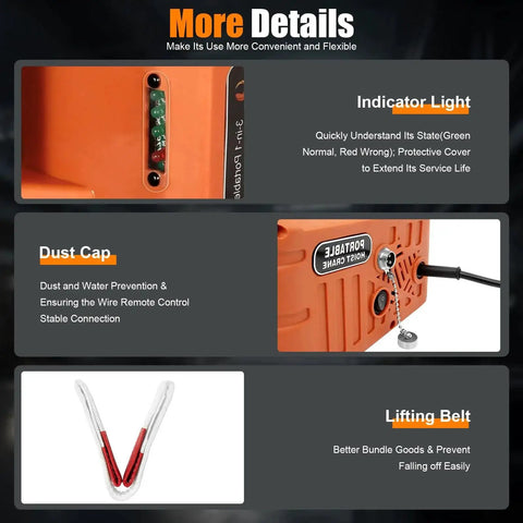 3 In 1 Electric Hoist Winch 2200 Lbs 110V With Remote And Manual Controls showing indicator light, dust cap, and lifting belt details