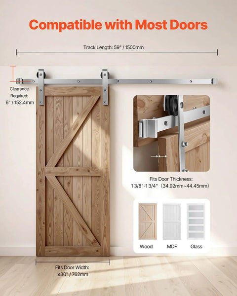 5Ft Brushed Nickel Sliding Barn Door Hardware Kit With 330 Lb Capacity, Fits Doors Up To 30 Inches Wide And One And Three Eighths To One And Three Quarters Inches Thick, Durable Track And J Shape Rollers For Smooth Quiet Operation, installed view.