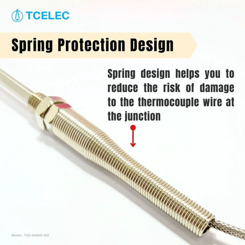 K-type thermocouple probe with stainless steel threaded sheath, M8 screw fitting and braided lead.
