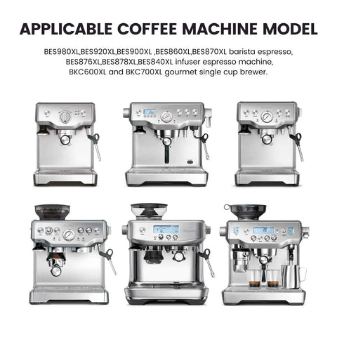 Six stainless steel Breville espresso machines arranged in two rows on a white background.