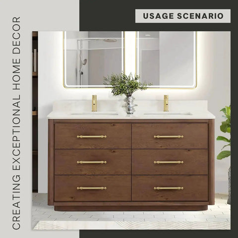 Bathroom vanity with wood drawers featuring 10 Pack Brushed Gold Cabinet Pulls With 5 Inch Center To Center 128mm Hole Spacing.