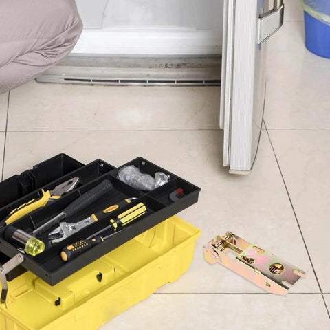 Drop Down Chest Freezer Hinge Replacement With Durable Metal Spring next to open freezer door and toolbox on tiled floor