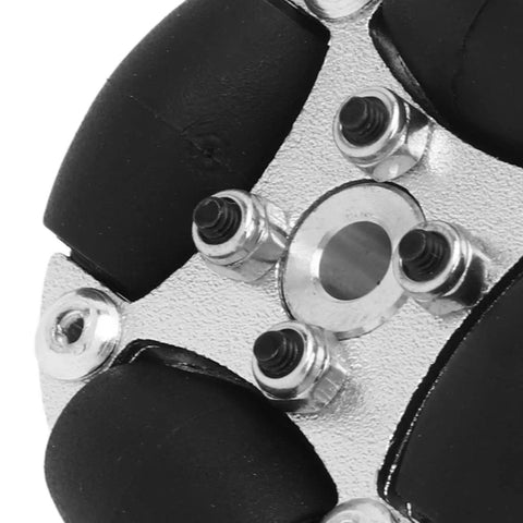 Close-up of Compact 38mm Omnidirectional Wheel with 8 PU rollers and metal hubs for small robot cars and toy platforms
