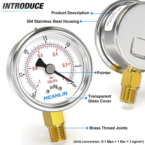 Stainless Steel Vacuum Gauge For Air Compressors And HVAC, Two Inch Dial, One Quarter Inch NPT, Waterproof Lower Mount