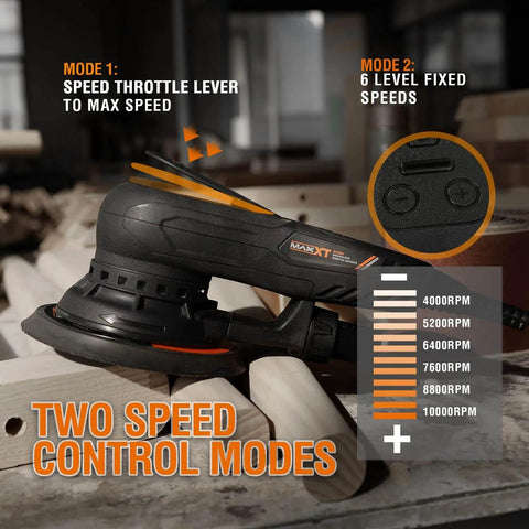 Powerful Random Orbital Sander With Brushless Motor, 5 And 6 Inch Pads, Central Vacuum Dust Collection shown on wooden surface