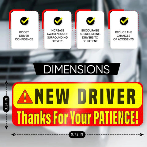 Extra Large Driver Sign For Car 3 Pack Magnetic Bumper Stickers Yellow Reflective Road Safety Sign For Learners And Beginner Drivers Fits Most Vehicles displayed with dimensions and features.